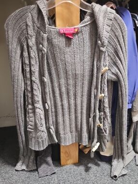 SO Gray Ribbed Cable Knit Hooded Cardigan with Toggle Buttons